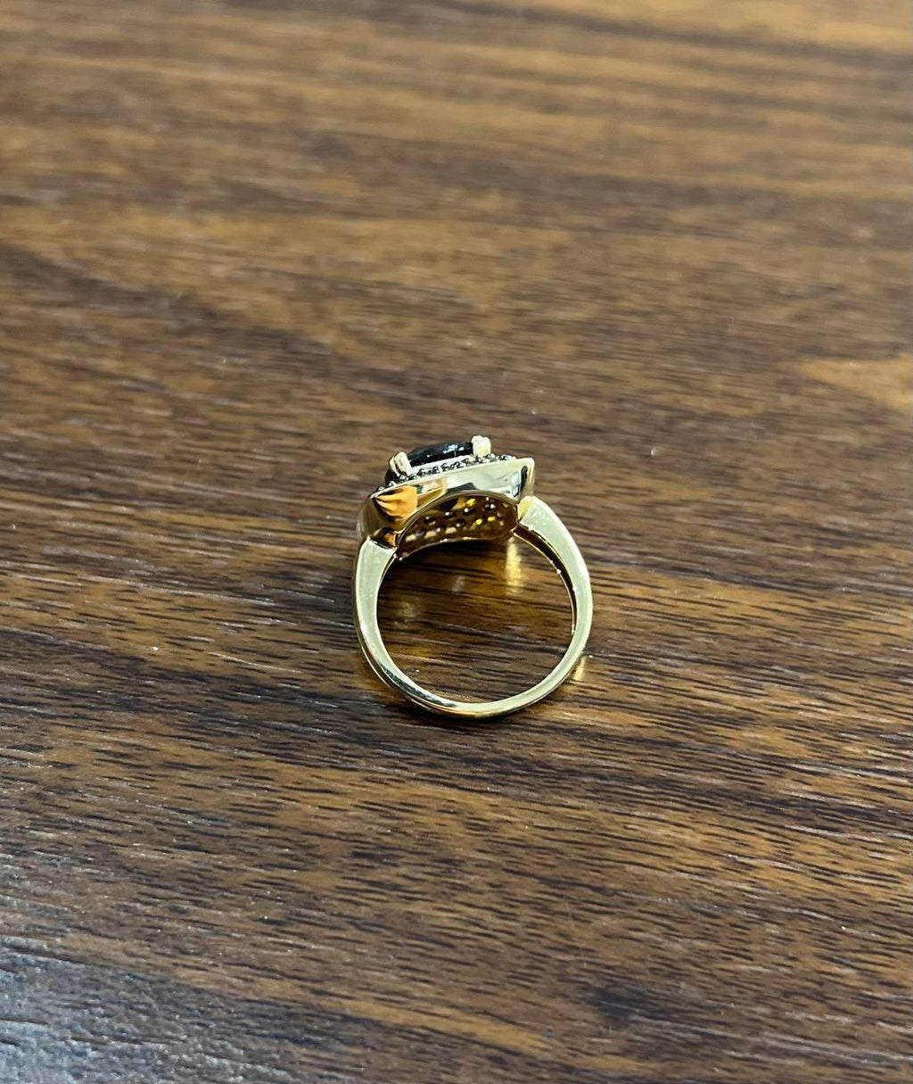 Brown Smoky Quartz Cushion Shape Diamond Halo 14K Yellow Gold Statement Ring