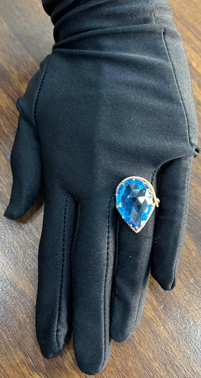 Pear Teardrop Shape Swiss Blue Topaz Diamond Halo Yellow Statement Spire Ring