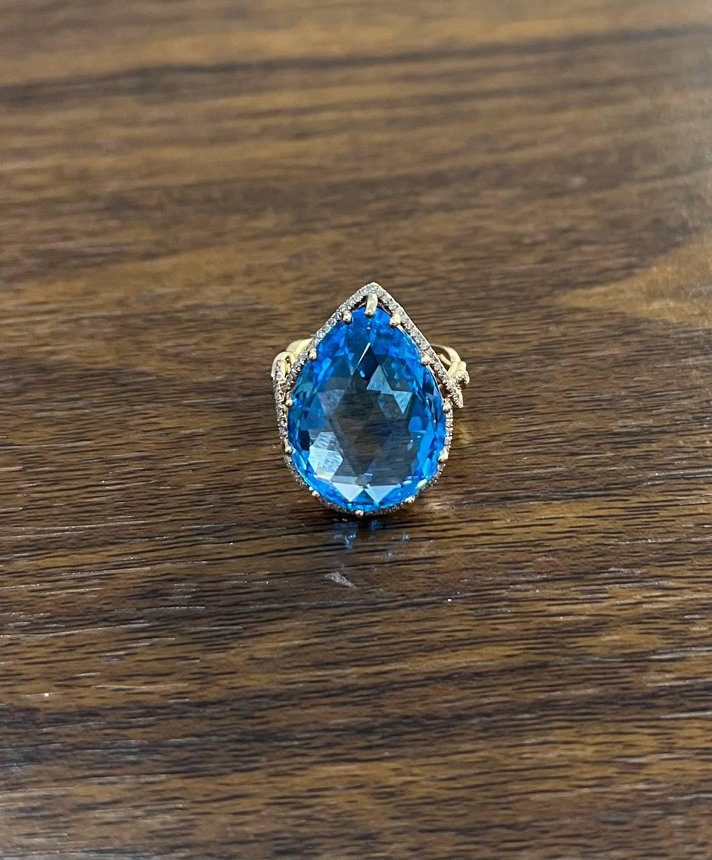 Pear Teardrop Shape Swiss Blue Topaz Diamond Halo Yellow Statement Spire Ring