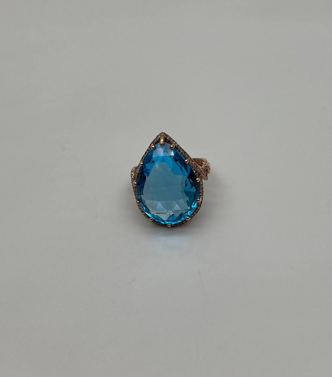 Pear Teardrop Shape Swiss Blue Topaz Diamond Halo Yellow Statement Spire Ring