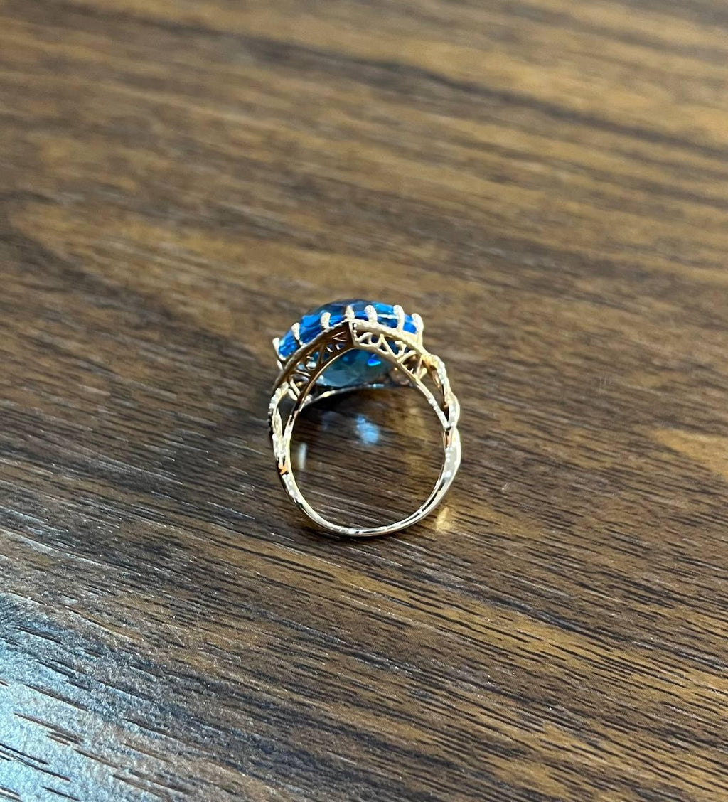 Pear Teardrop Shape Swiss Blue Topaz Diamond Halo Yellow Statement Spire Ring