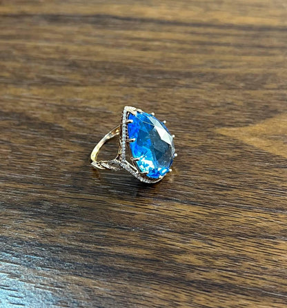 Pear Teardrop Shape Swiss Blue Topaz Diamond Halo Yellow Statement Spire Ring