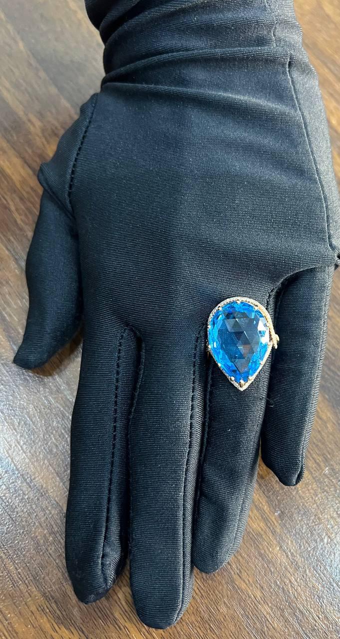 Pear Teardrop Shape Swiss Blue Topaz Diamond Halo Yellow Statement Spire Ring