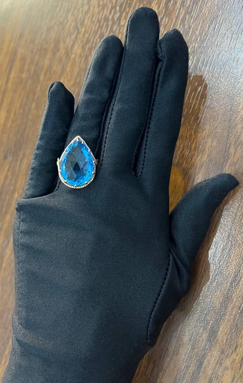 Pear Teardrop Shape Swiss Blue Topaz Diamond Halo Yellow Statement Spire Ring