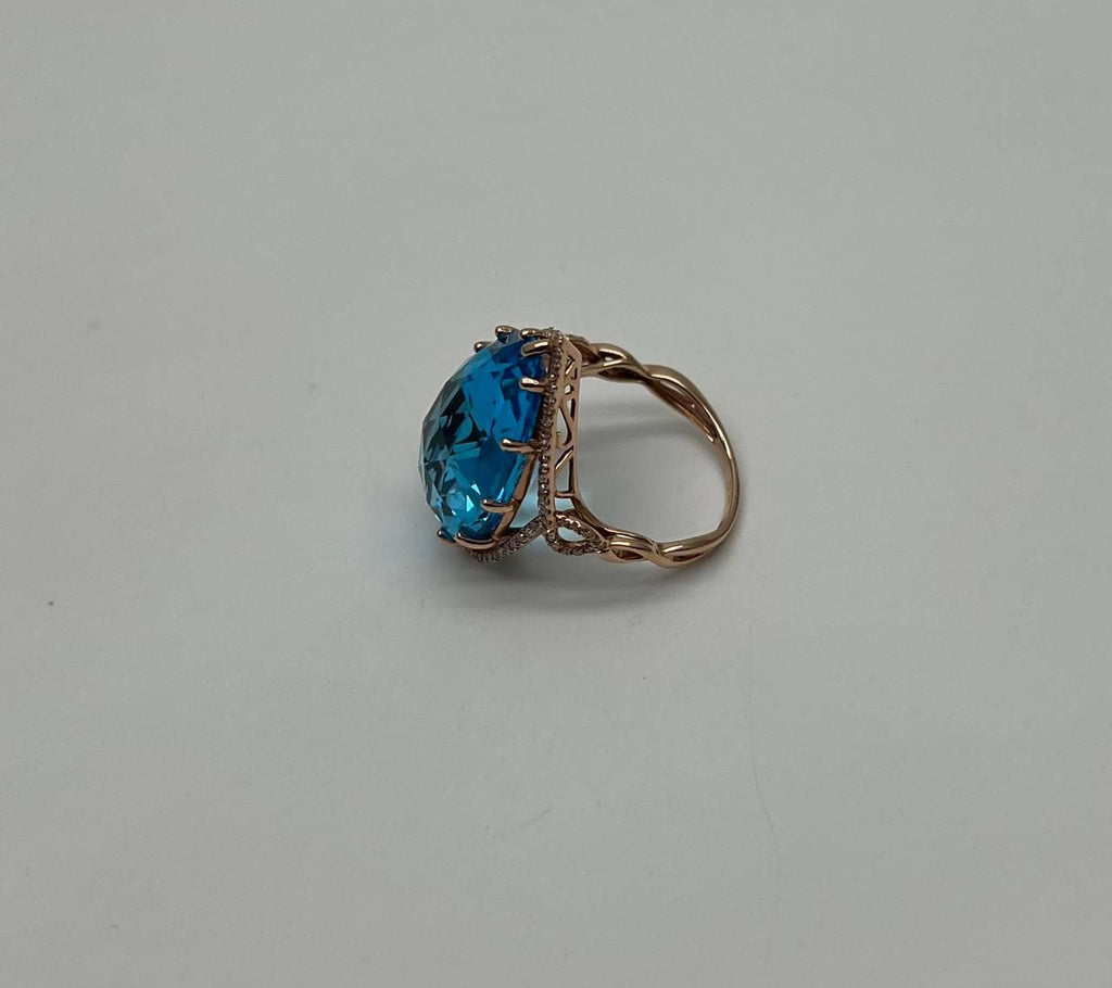 Pear Teardrop Shape Swiss Blue Topaz Diamond Halo Yellow Statement Spire Ring