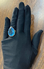 Pear Teardrop Shape Swiss Blue Topaz Diamond Halo Yellow Statement Spire Ring