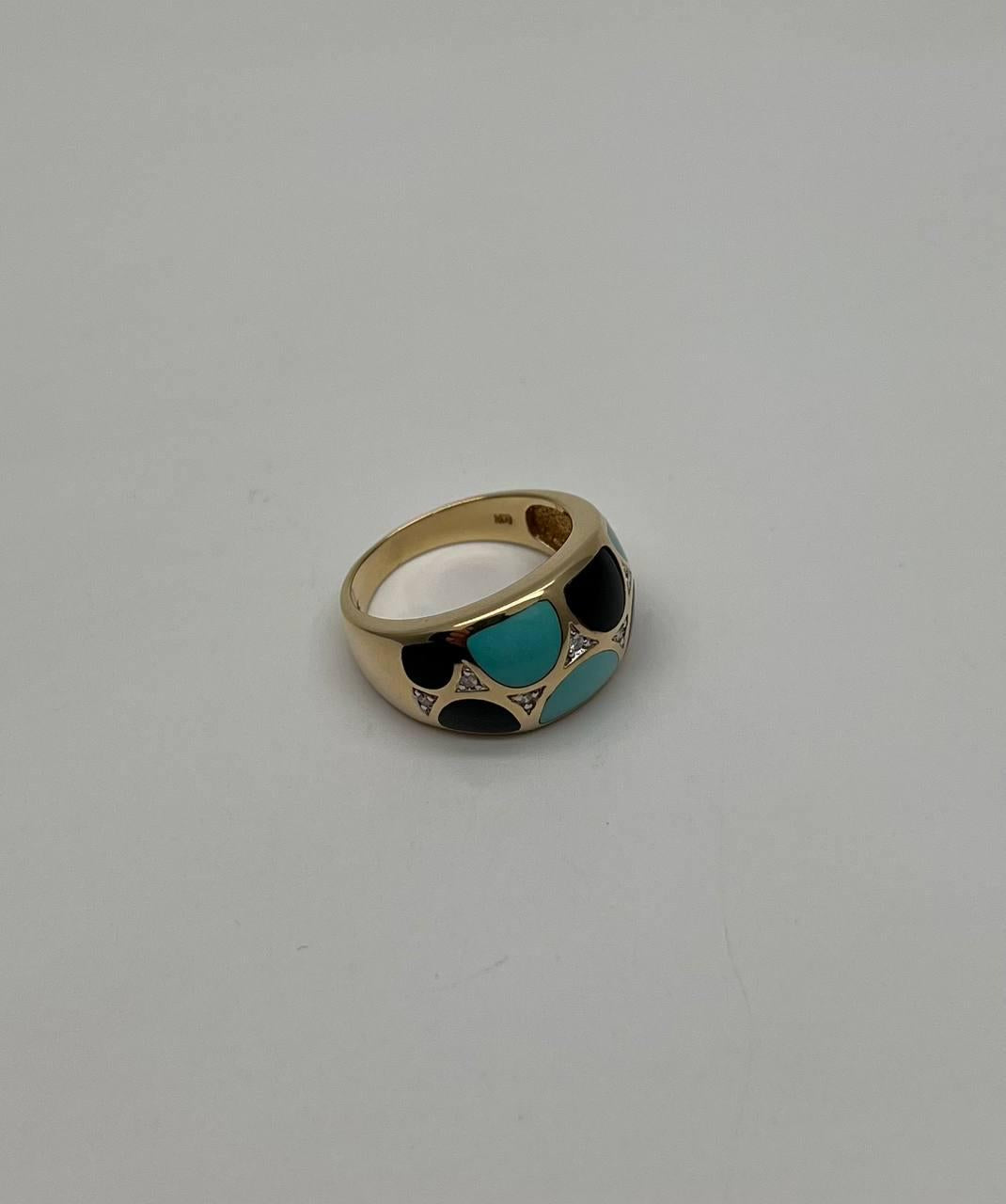 Blue Teal Turquoise & Black Onyx Diamonds 14K Yellow Gold Statement Dome Ring