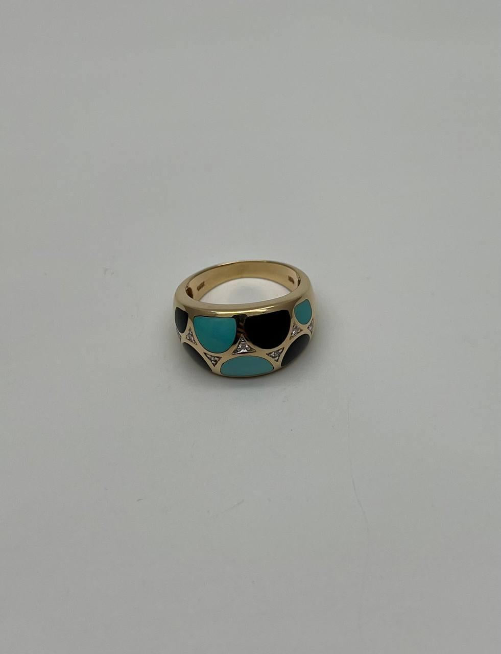 Blue Teal Turquoise &amp; Black Onyx Diamonds 14K Yellow Gold Statement Dome Ring