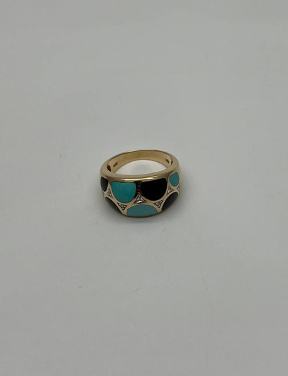 Blue Teal Turquoise & Black Onyx Diamonds 14K Yellow Gold Statement Dome Ring