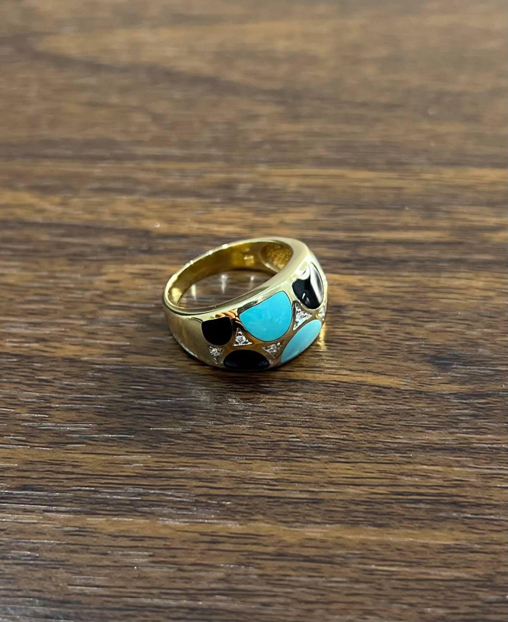 Blue Teal Turquoise & Black Onyx Diamonds 14K Yellow Gold Statement Dome Ring