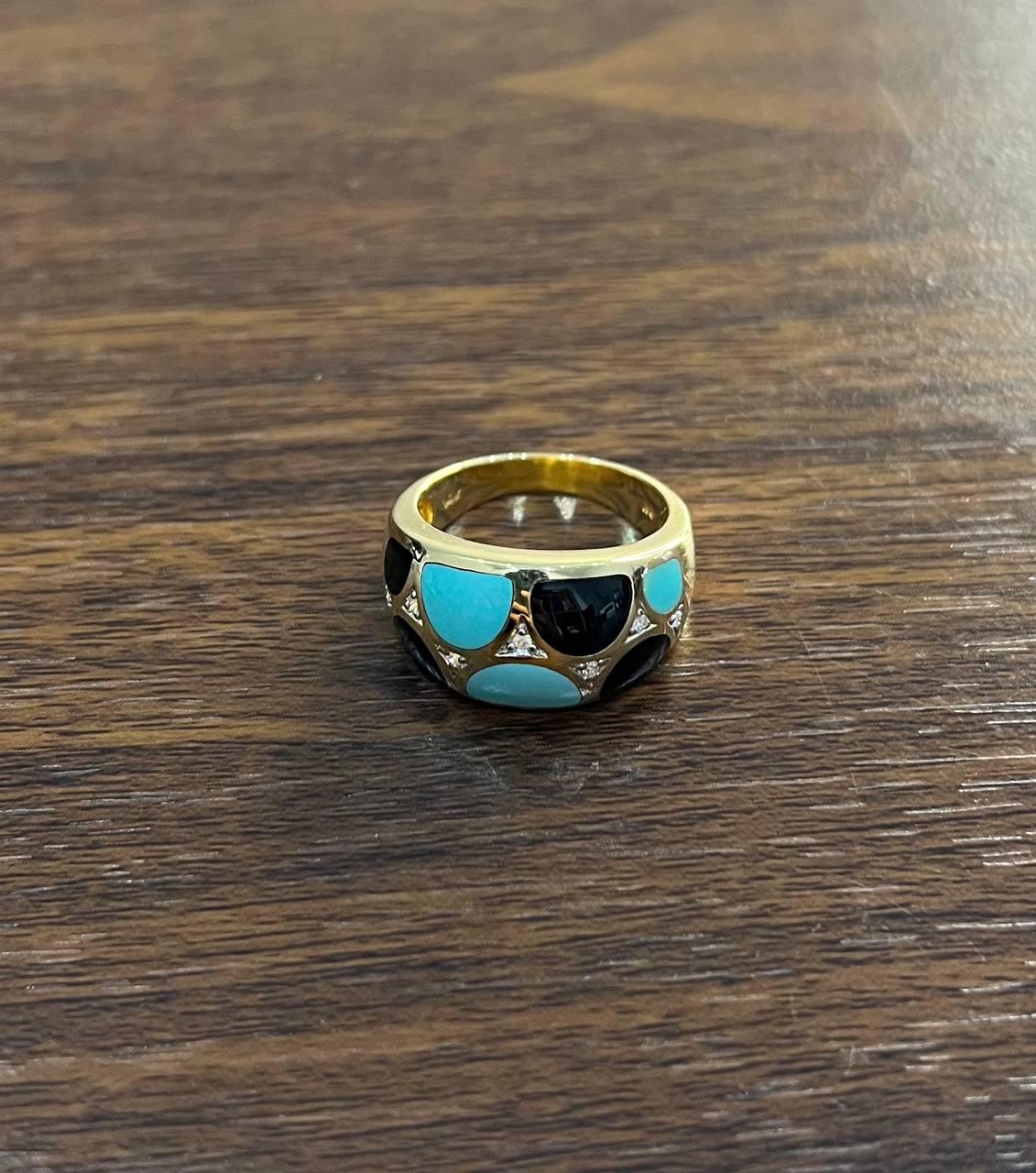 blue teal turquoise & black onyx diamonds 14k yellow gold statement dome ring