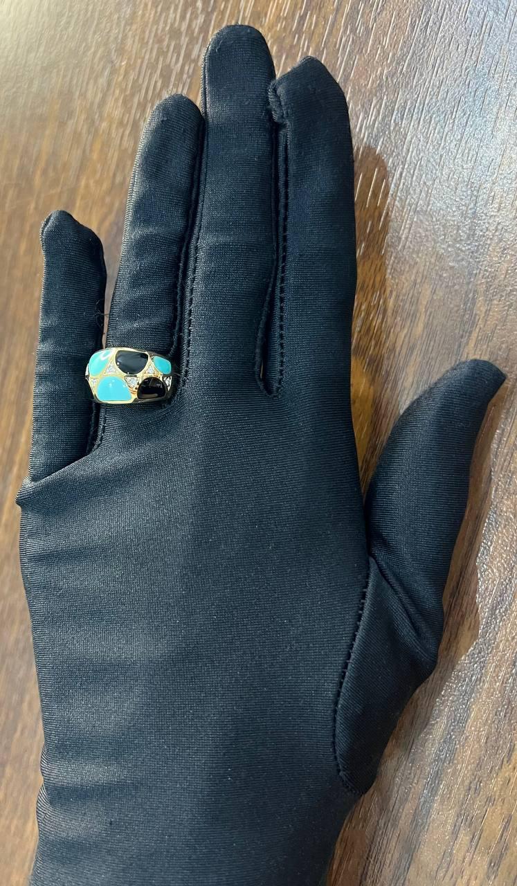 Blue Teal Turquoise & Black Onyx Diamonds 14K Yellow Gold Statement Dome Ring