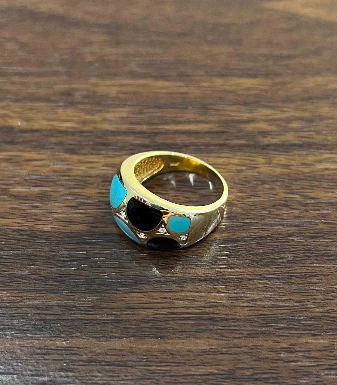 Blue Teal Turquoise &amp; Black Onyx Diamonds 14K Yellow Gold Statement Dome Ring