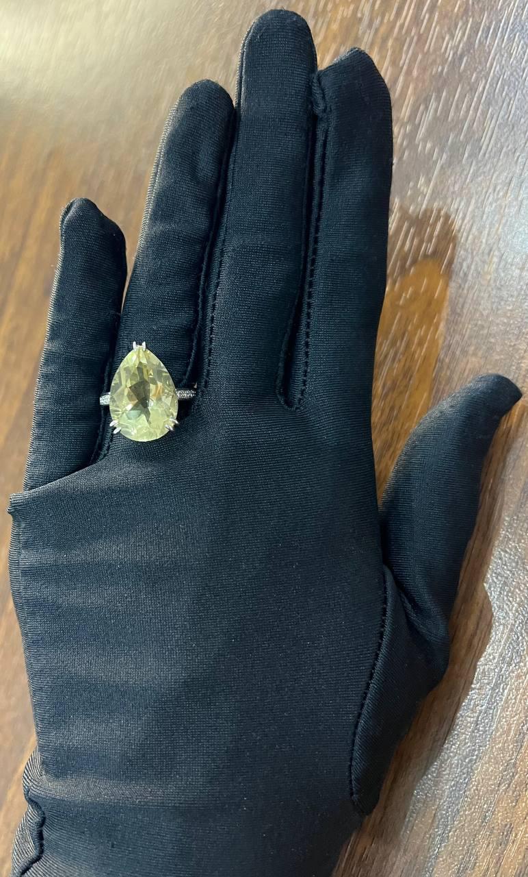 pear teardrop shape yellow lemon quartz diamond channel 14k white gold ring