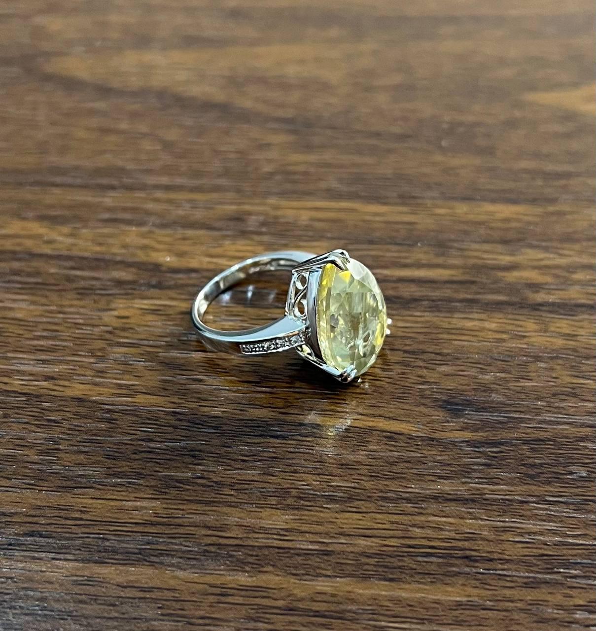 Pear Teardrop Shape Yellow Lemon Quartz Diamond Channel 14K White Gold Ring