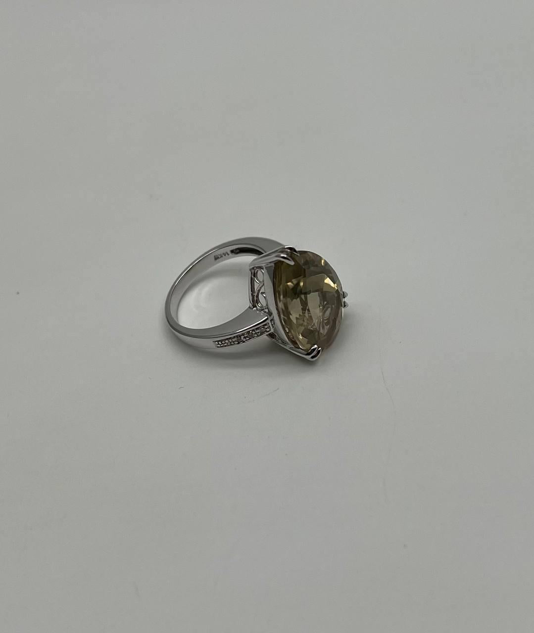pear teardrop shape yellow lemon quartz diamond channel 14k white gold ring