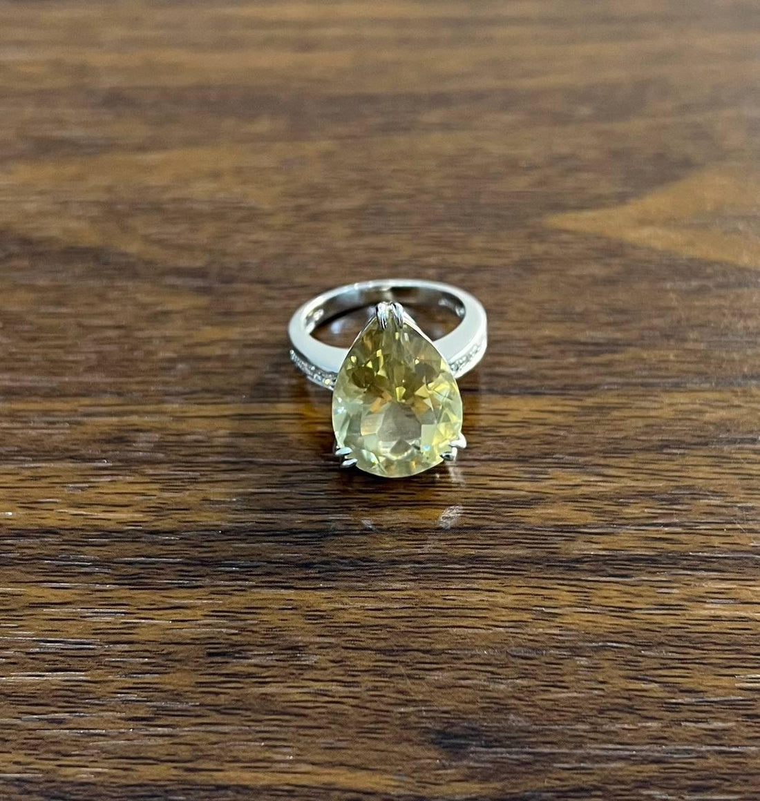 Pear Teardrop Shape Yellow Lemon Quartz Diamond Channel 14K White Gold Ring