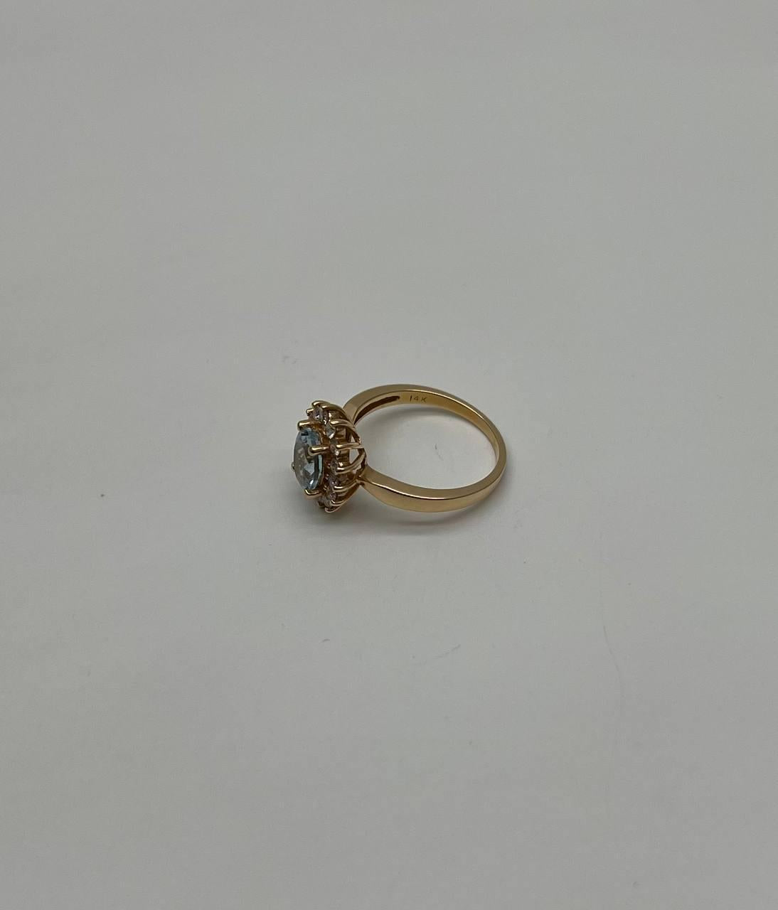Oval Shape Blue Aquamarine Floral Flower 14K Yellow Gold Diamond Halo Ring