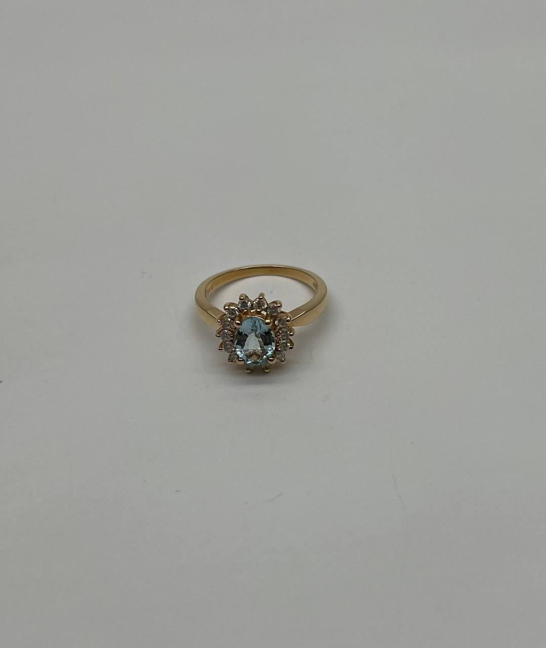 Oval Shape Blue Aquamarine Floral Flower 14K Yellow Gold Diamond Halo Ring