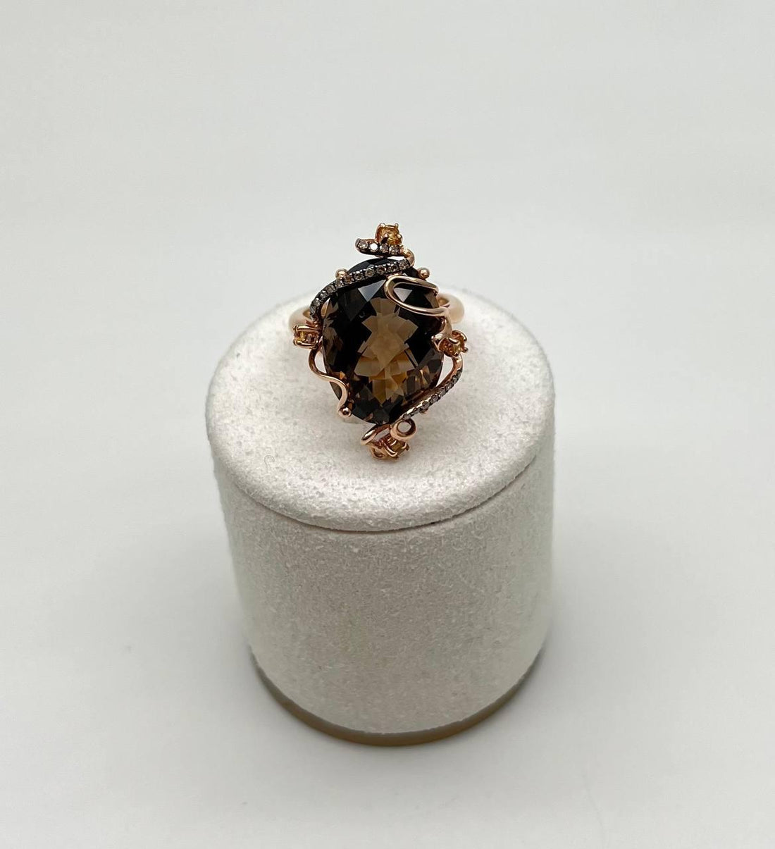 Oval Shape Brown Smoky Quartz Diamonds Halo Scroll Motifs 14K Yellow Gold Ring