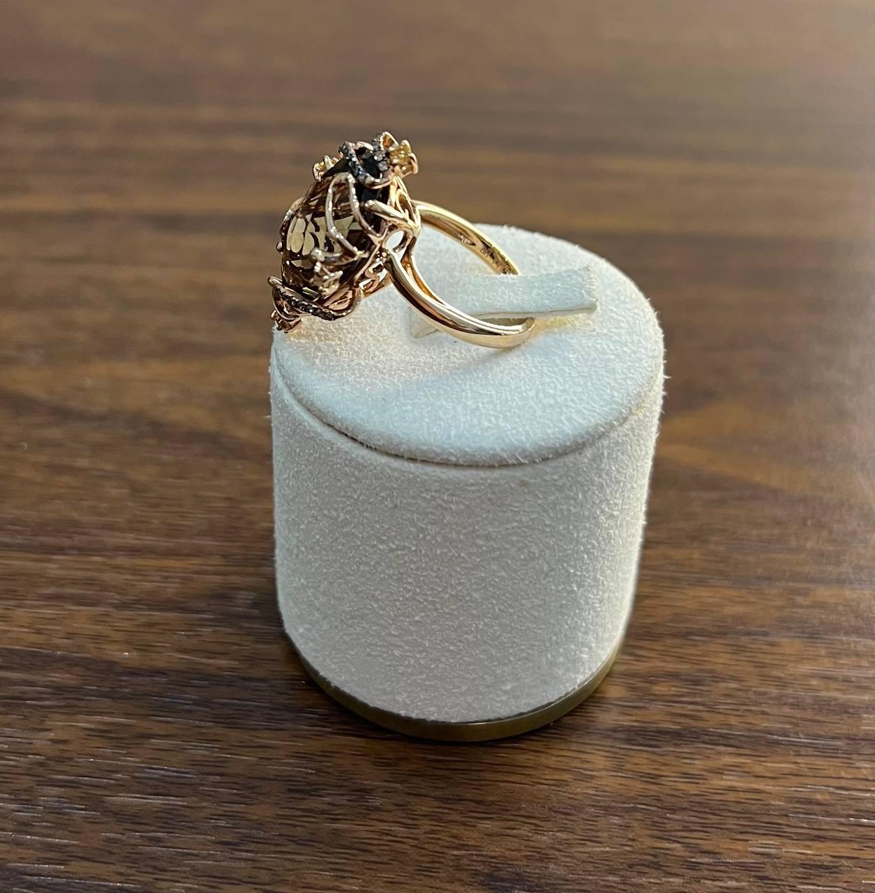 Oval Shape Brown Smoky Quartz Diamonds Halo Scroll Motifs 14K Yellow Gold Ring