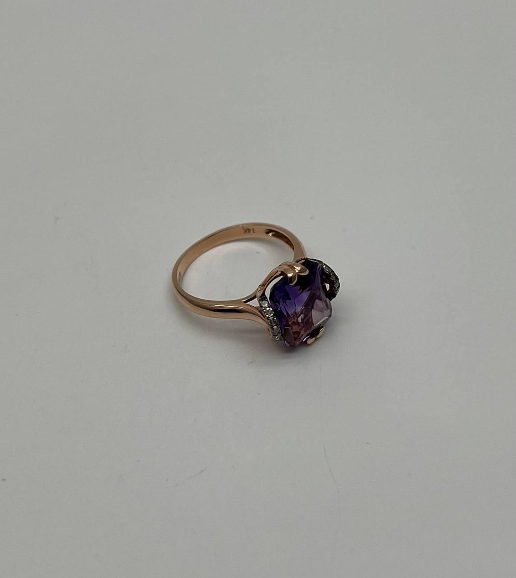 Rectangle Purple Violet Amethyst 14K Rose Gold Diamonds Halo Set Cocktail Ring