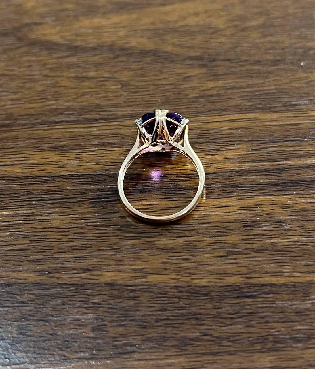Rectangle Purple Violet Amethyst 14K Rose Gold Diamonds Halo Set Cocktail Ring