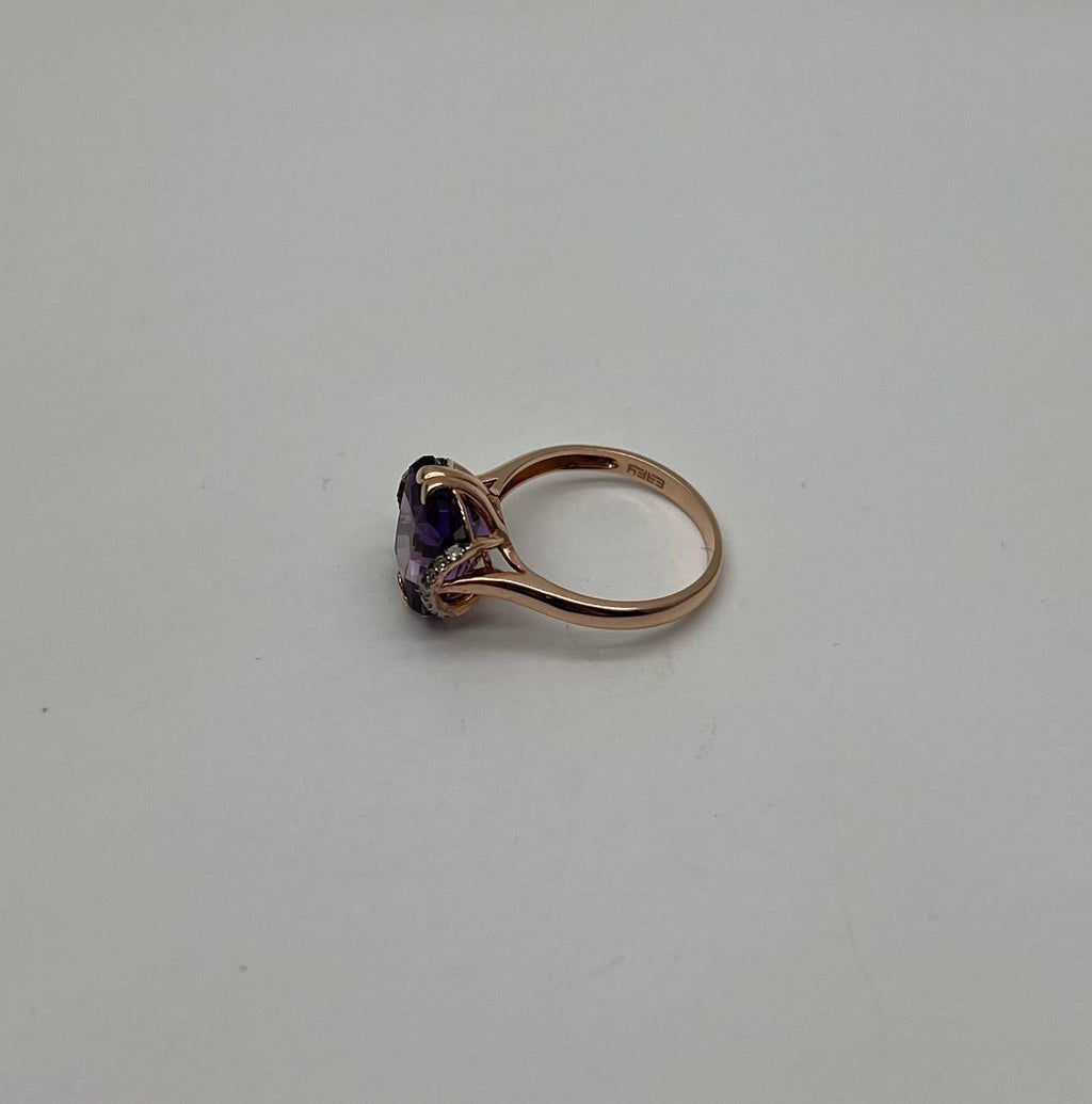 Rectangle Purple Violet Amethyst 14K Rose Gold Diamonds Halo Set Cocktail Ring