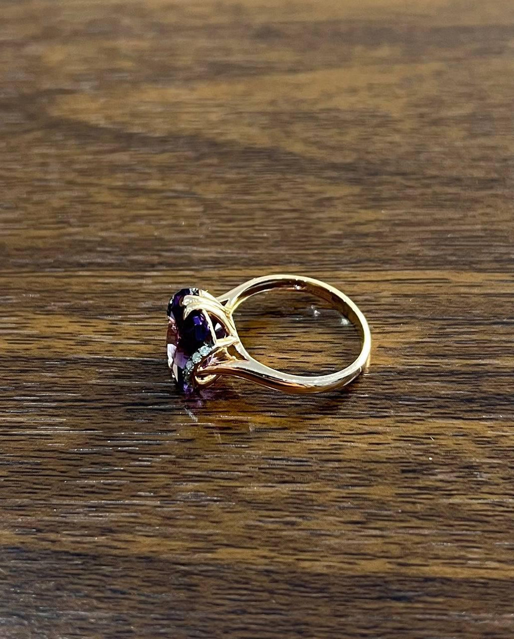 Rectangle Purple Violet Amethyst 14K Rose Gold Diamonds Halo Set Cocktail Ring