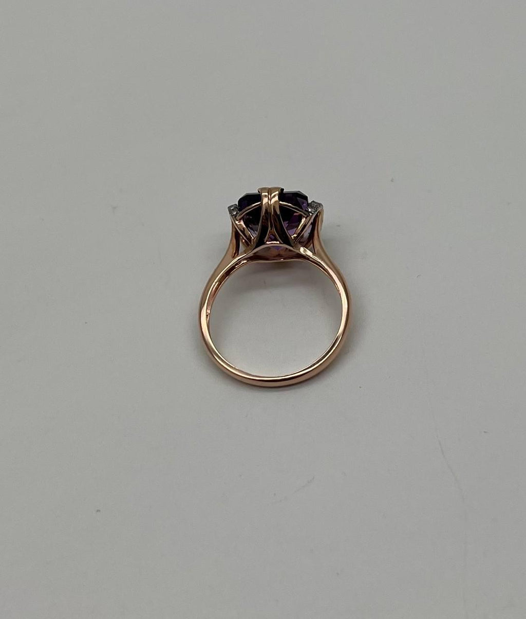 Rectangle Purple Violet Amethyst 14K Rose Gold Diamonds Halo Set Cocktail Ring