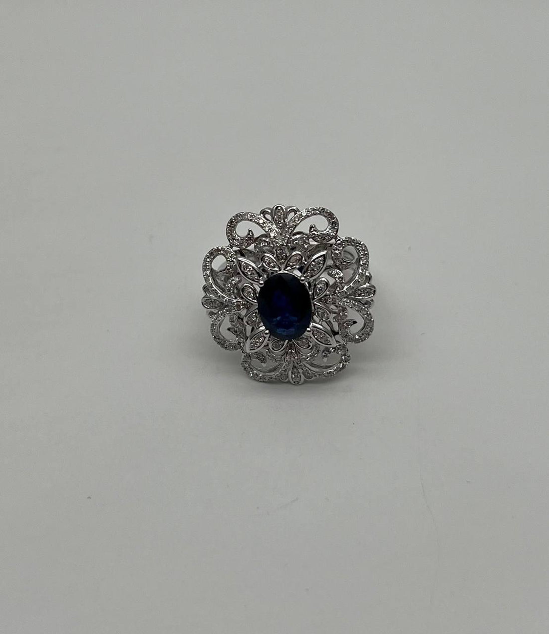 Oval Shape Blue Sapphire Diamonds Halo Pave Set White Gold Statement Motif Ring