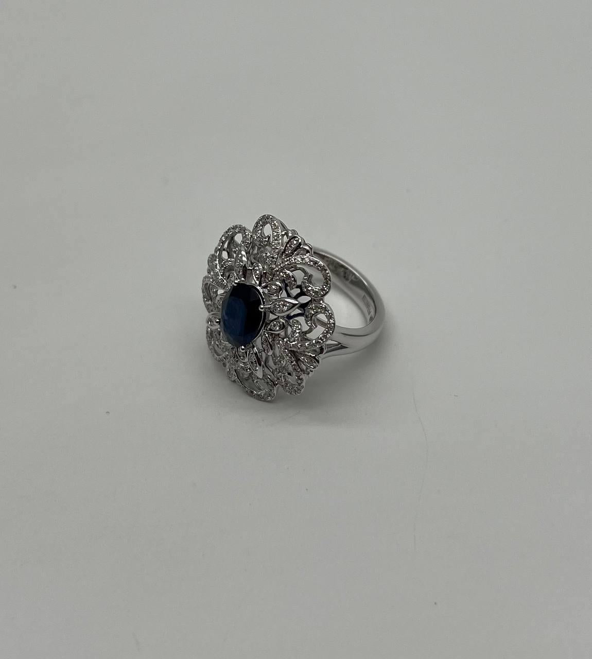 Oval Shape Blue Sapphire Diamonds Halo Pave Set White Gold Statement Motif Ring