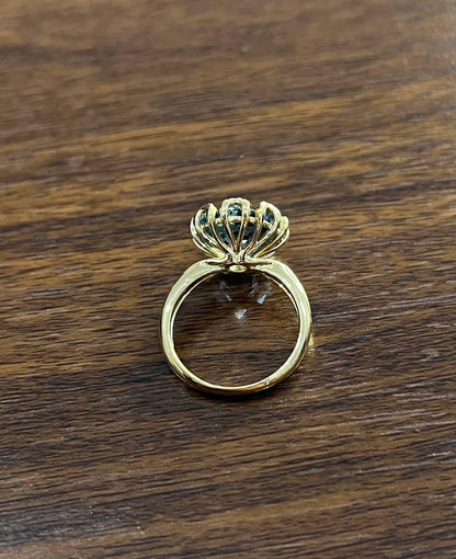 Round Swiss Blue Topaz Floral Flower Setting 14K Yellow Gold Diamonds Ring