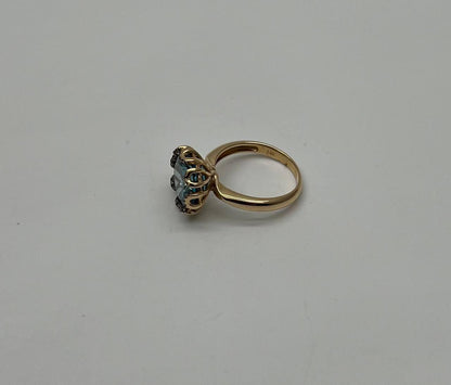 Round Swiss Blue Topaz Floral Flower Setting 14K Yellow Gold Diamonds Ring