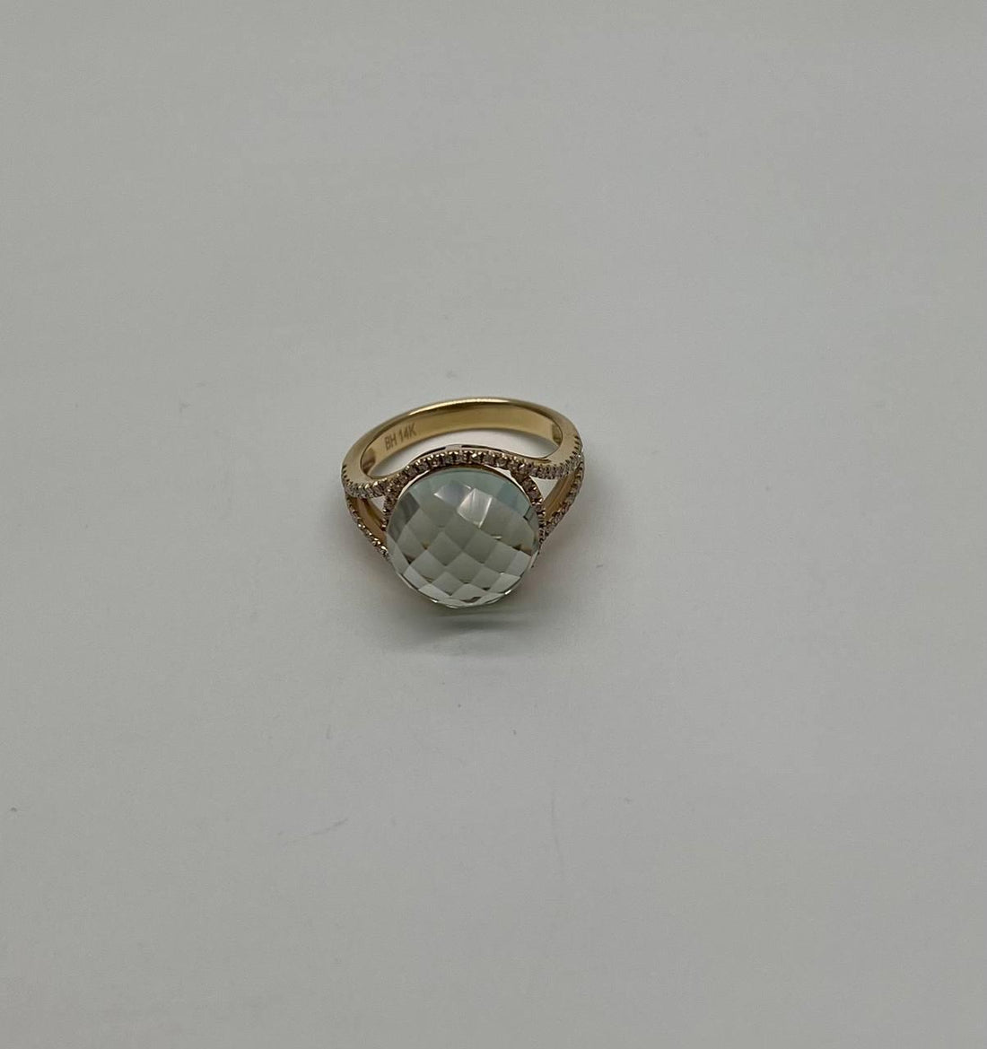Round Shape Checkerboard Cut Green Amethyst Prasiolite 14K Gold Split Shank Ring