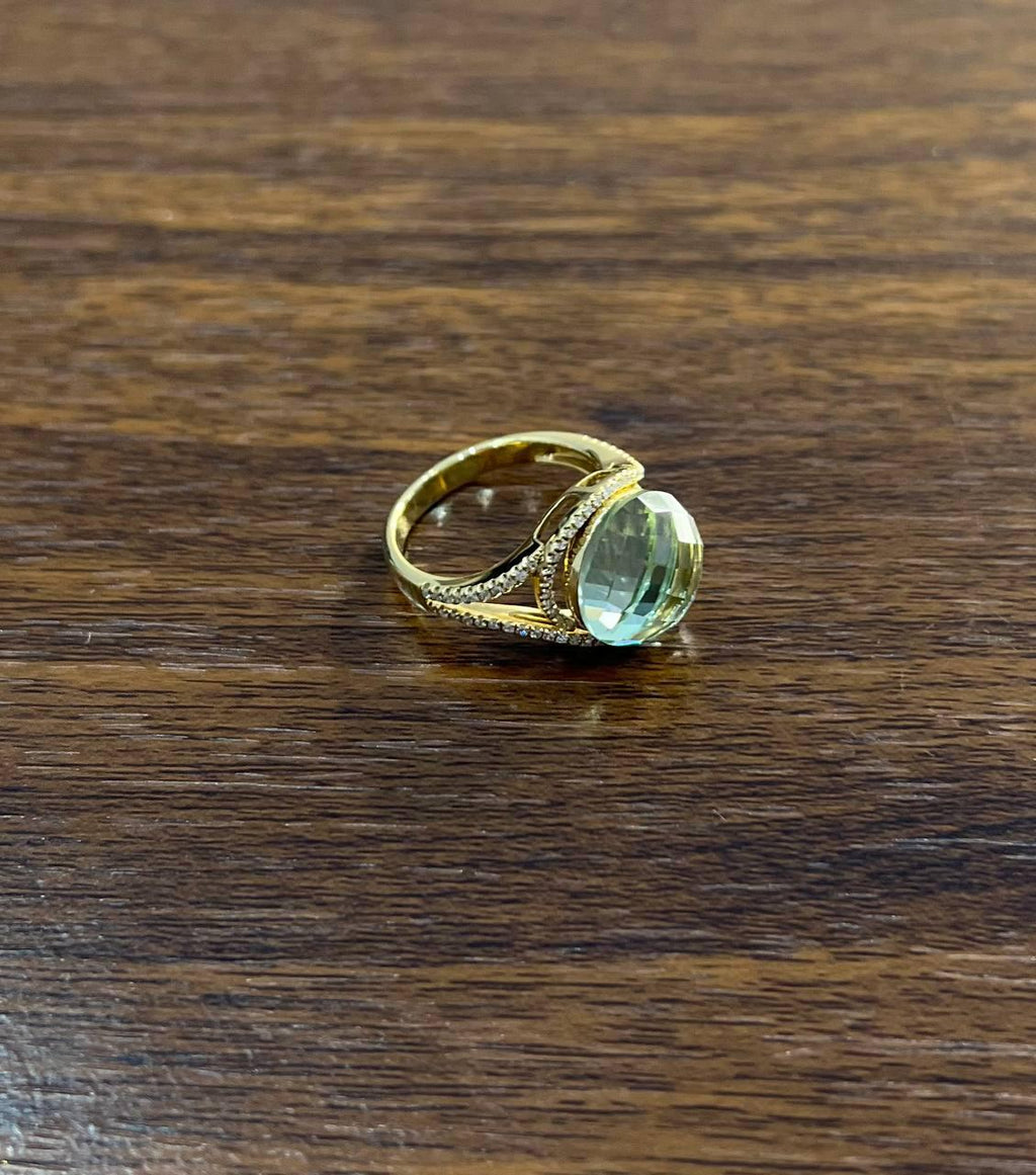 Round Shape Checkerboard Cut Green Amethyst Prasiolite 14K Gold Split Shank Ring