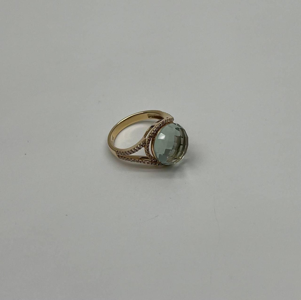 Round Shape Checkerboard Cut Green Amethyst Prasiolite 14K Gold Split Shank Ring
