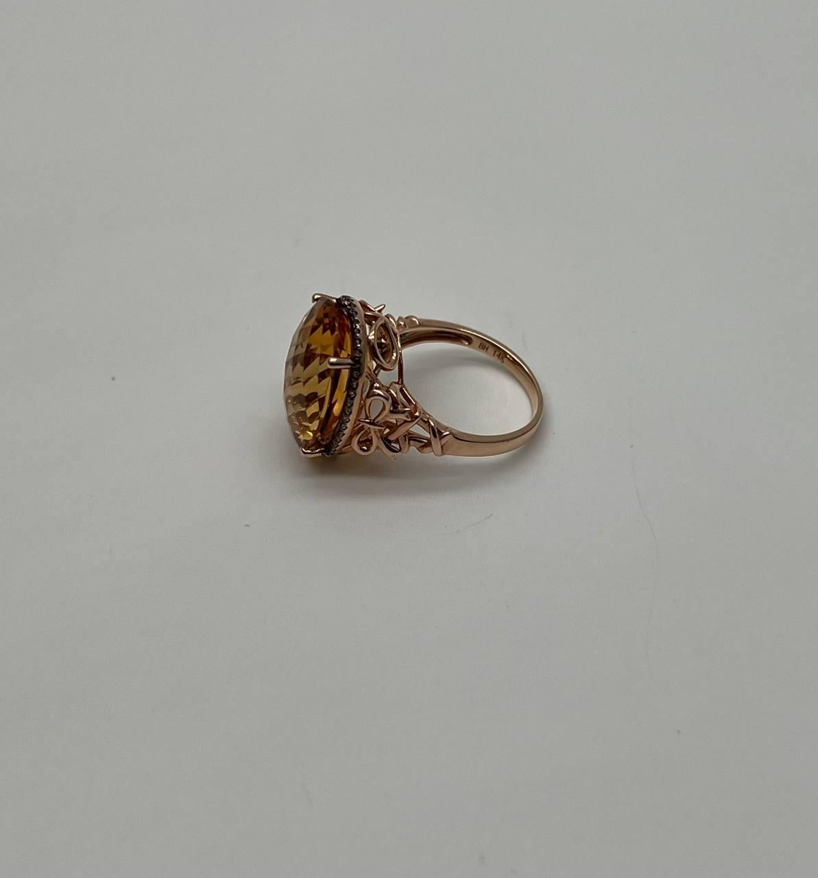 Orange Amber Citrine Black Diamond Halo Set Rose Gold Statement Cocktail Ring