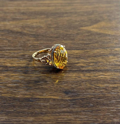 Orange Amber Citrine Black Diamond Halo Set Rose Gold Statement Cocktail Ring