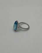 Pear Tear Swiss Blue Topaz Diamond Halo 14K White Gold Statement Cocktail Ring