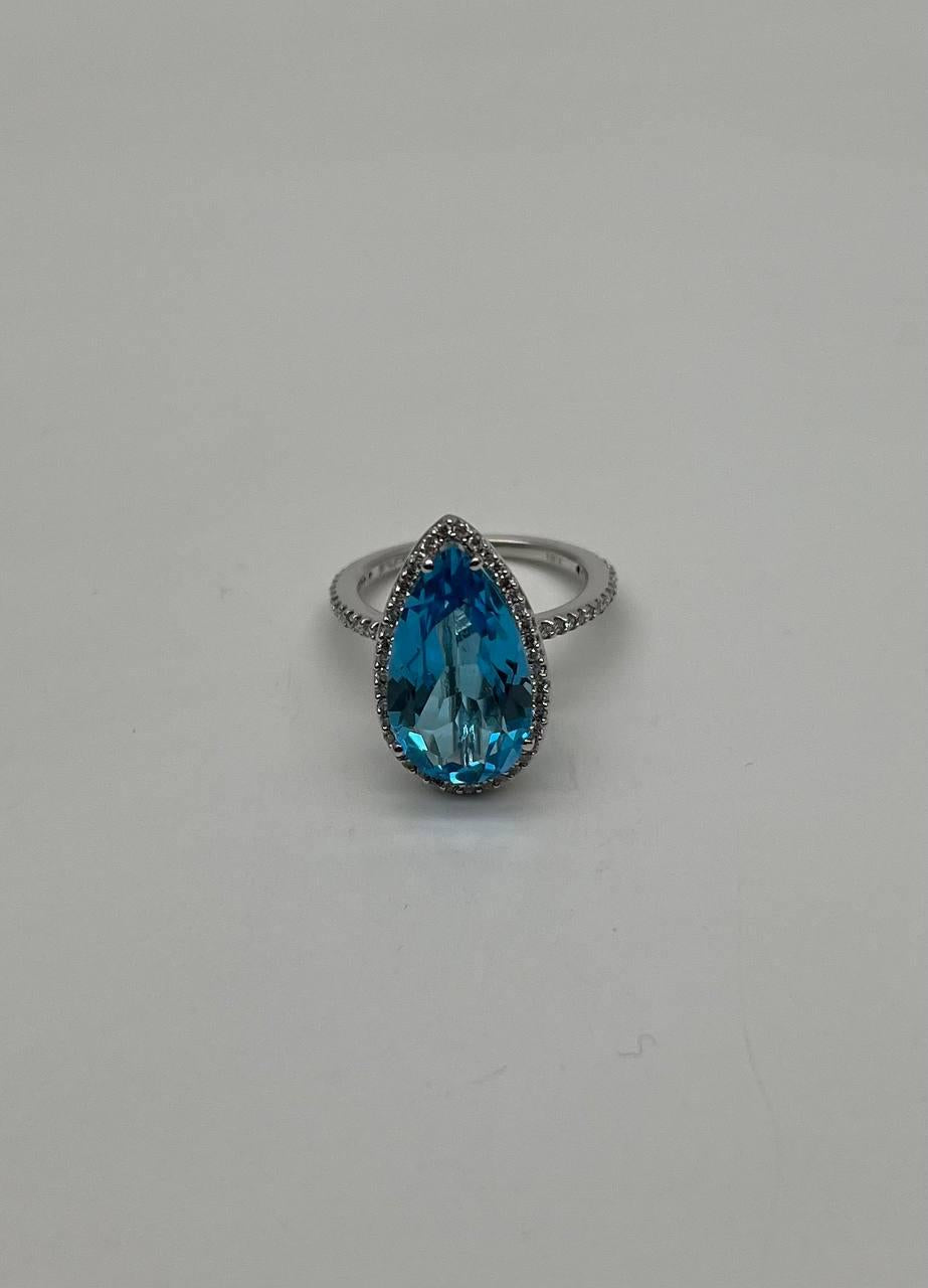 Pear Tear Swiss Blue Topaz Diamond Halo 14K White Gold Statement Cocktail Ring