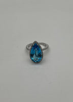 Pear Tear Swiss Blue Topaz Diamond Halo 14K White Gold Statement Cocktail Ring