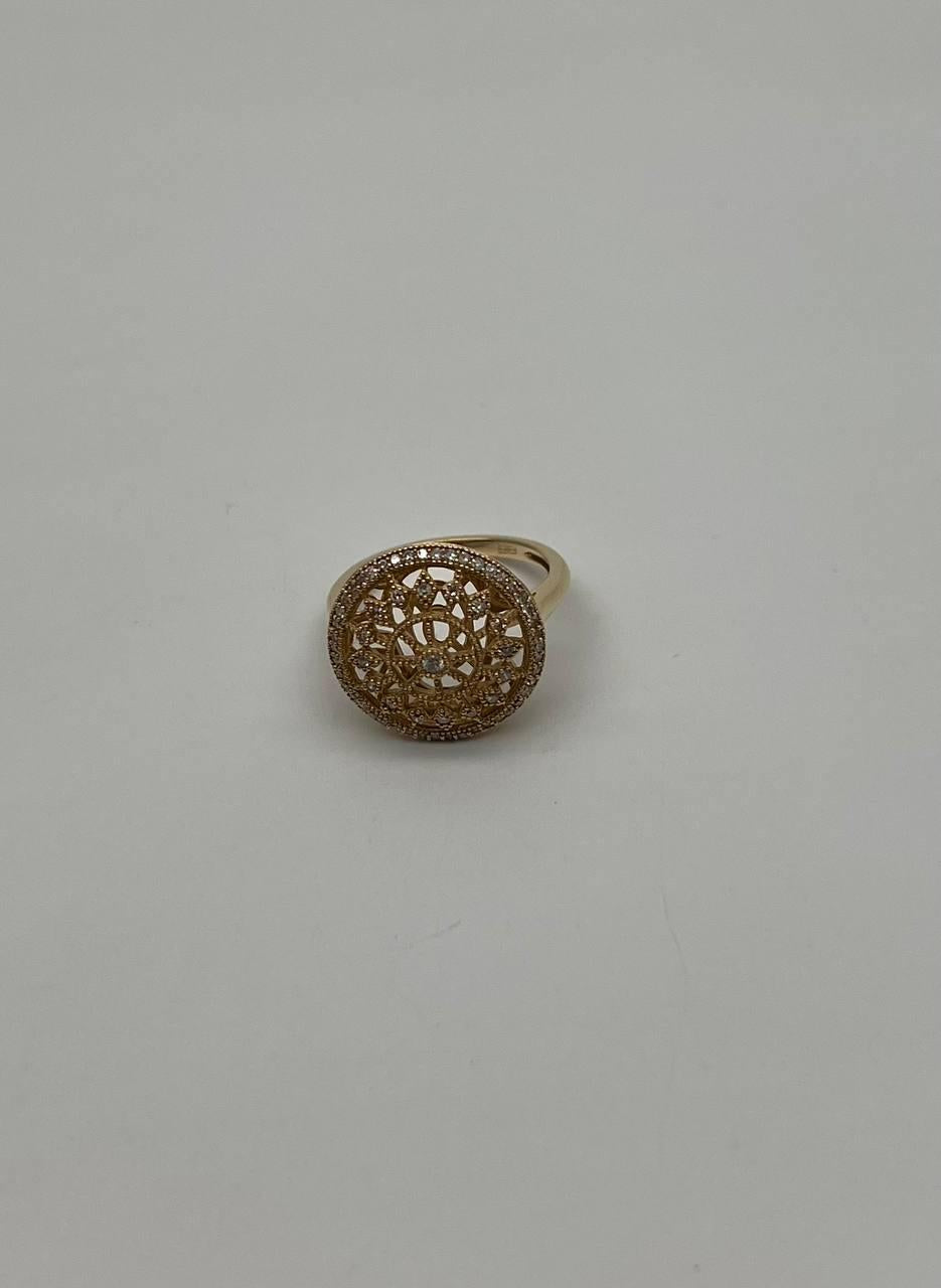 Diamond Compass Filigree Halo 14K Yellow Gold Statement Symbol Ring