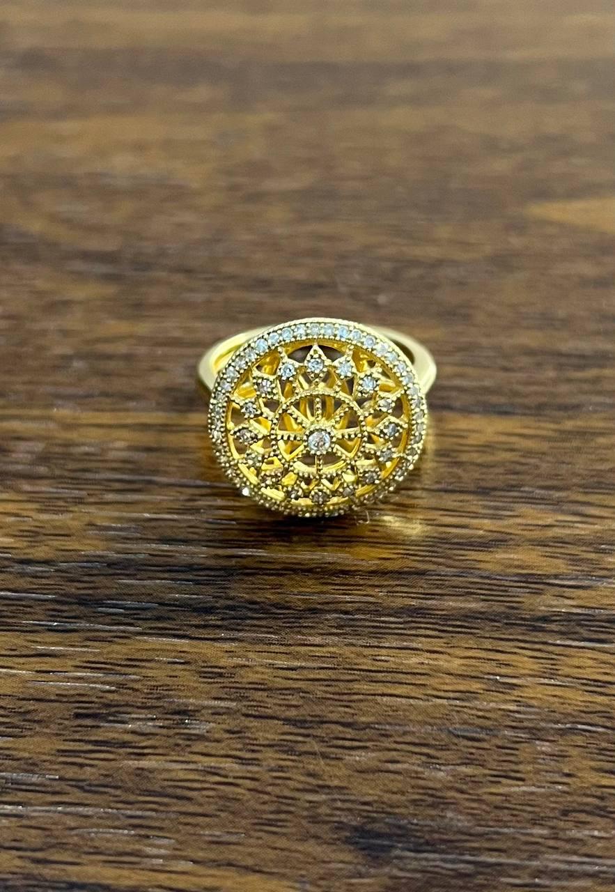 Diamond Compass Filigree Halo 14K Yellow Gold Statement Symbol Ring