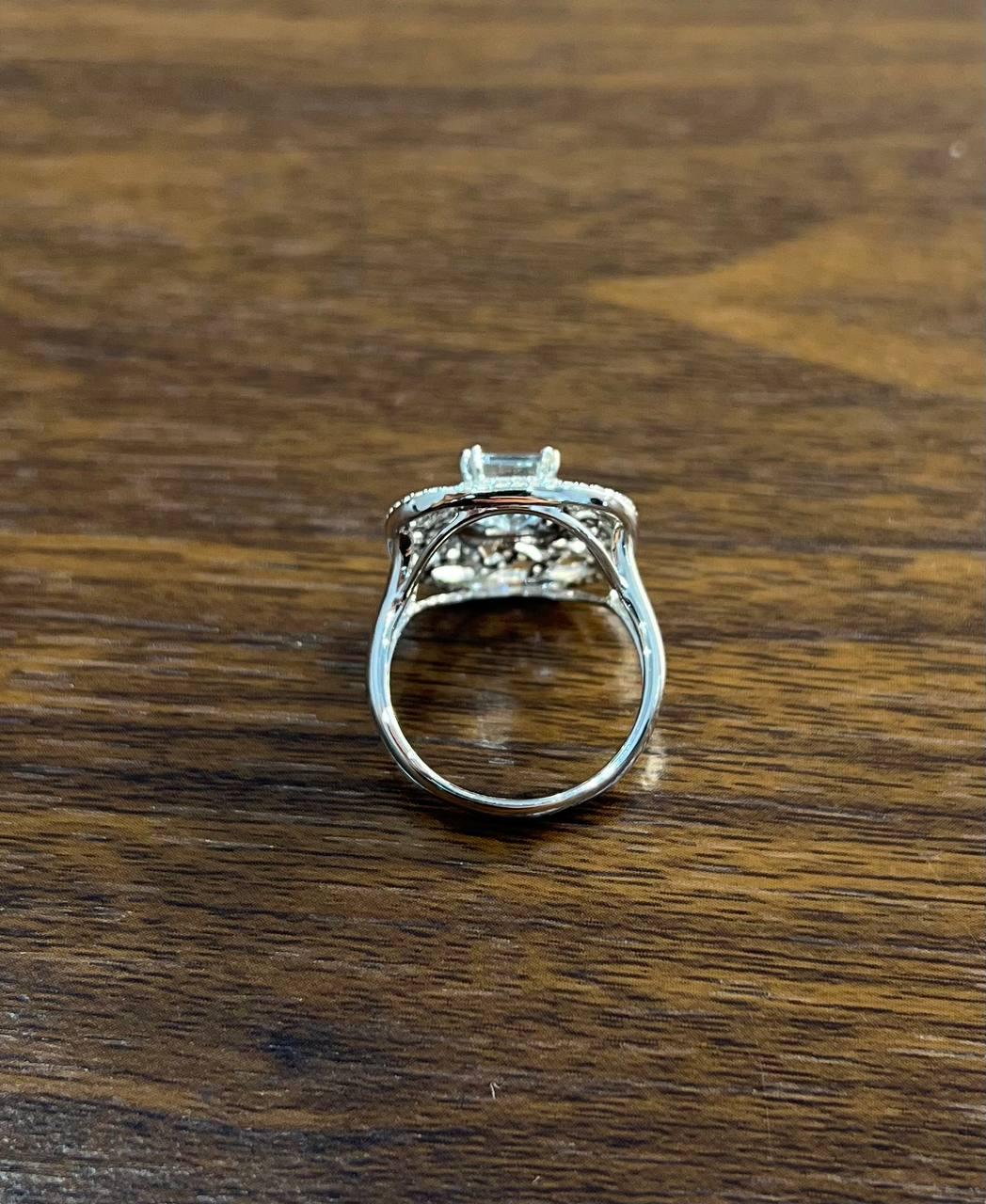 Rectangle Shape Blue Aquamarine & Diamond Halo Pave Set Leaf 14K White Gold Ring