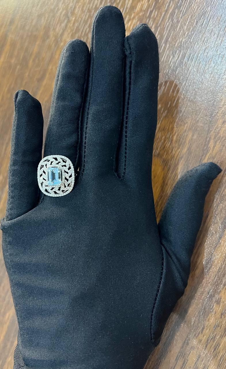 Rectangle Shape Blue Aquamarine & Diamond Halo Pave Set Leaf 14K White Gold Ring