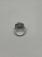 Rectangle Shape Blue Aquamarine & Diamond Halo Pave Set Leaf 14K White Gold Ring