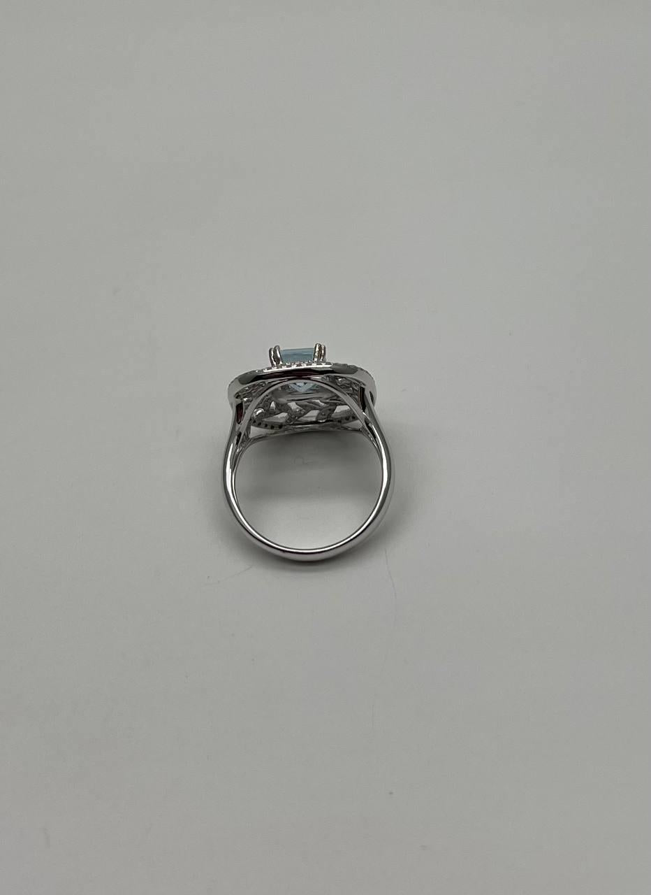 Rectangle Shape Blue Aquamarine & Diamond Halo Pave Set Leaf 14K White Gold Ring
