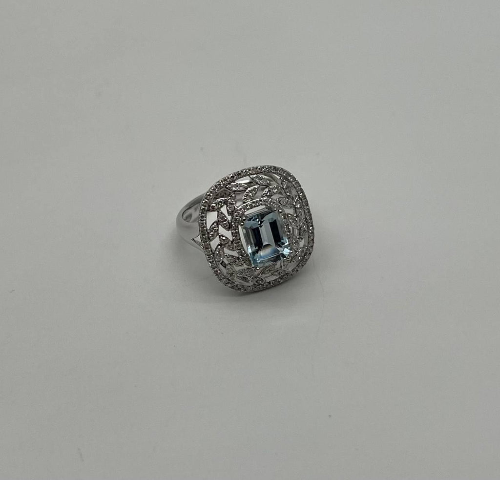 Rectangle Shape Blue Aquamarine & Diamond Halo Pave Set 14K White Gold Ring