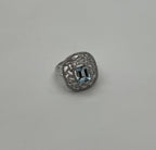 Rectangle Shape Blue Aquamarine & Diamond Halo Pave Set 14K White Gold Ring